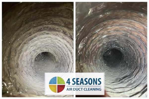 Before and after images of cleaning dryer vent hose in Towson MD
